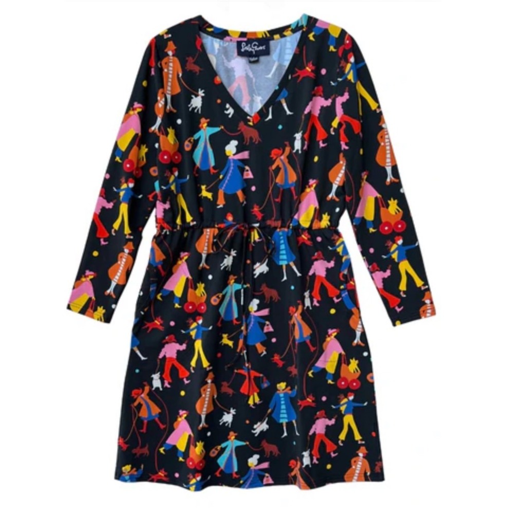 Lesley Evers Melanie Dress Black Ladies‎ Walking Dog Print V-Neck Large New